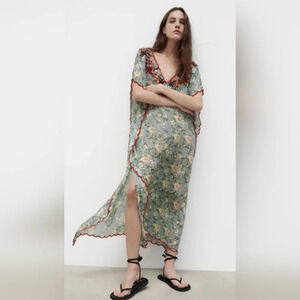 Zara Embroidered Semi Sheer Floral Tunic Dress V-neck Size Small Spring Summer